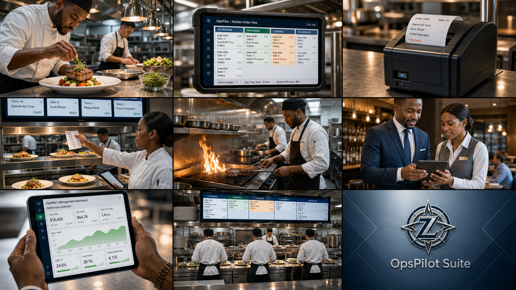OpsPilot kitchen operations collage showing plating, expediting, dashboards, and venue service flow