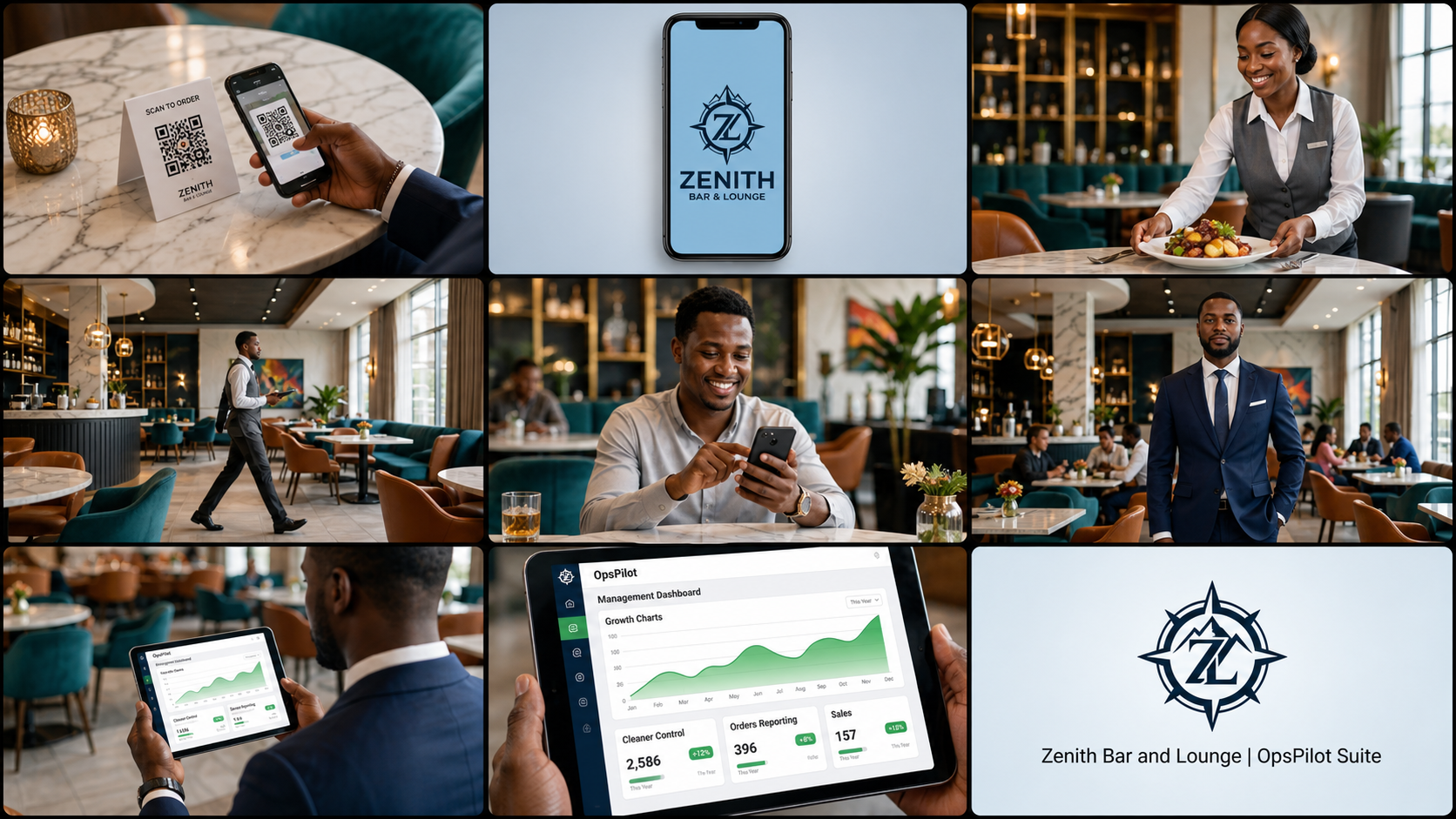 OpsPilot Suite collage showing QR ordering, mobile venue branding, service staff, and operational dashboards